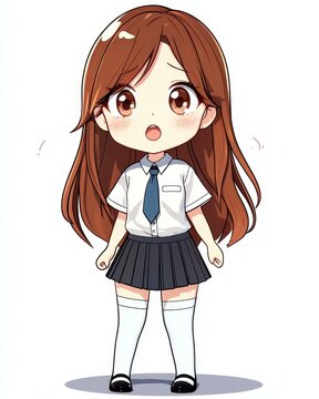 A cute ulzzang chibi character with sleek brown hair, dressed in a sharp white shirt and slate blue necktie on a white backdrop.