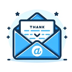 Letter in an envelope with thanks or thank you on white background icon. Send to email, mail. Blue. Flat design. On white background