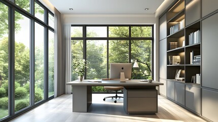 Fototapeta premium 4. A modern home office with a sleek desk, ergonomic chair, and large windows letting in natural light