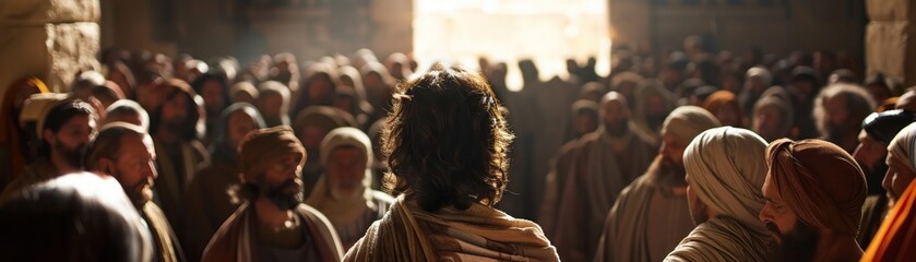 Jesus and the woman accused of adultery standing in the temple courts