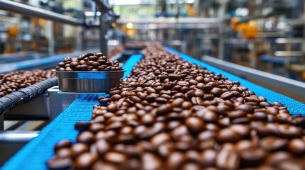 coffee beans on a conveyor belt in a modern factory dedicated to roasting and filtering. 