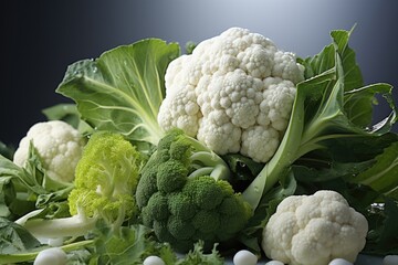 Cauliflower and broccoli on the white surface, generative IA