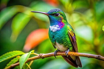 Fototapeta premium An exquisite white hummingbird sits on a branch, surrounded by rich, green foliage, embodying the serenity and elegance