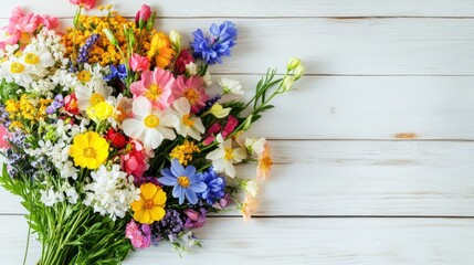 A bouquet of colorful spring flowers, laid out on a white wooden background with open copy space