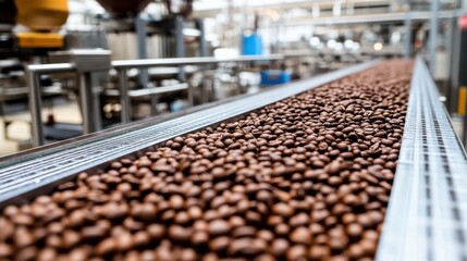 coffee beans on a conveyor belt in a modern factory dedicated to roasting and filtering. 