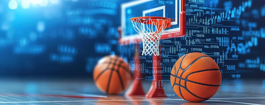 Sports icons whistles, goalposts, basketball hoops dissolving into financial data, symbolizing business planning in the sports industry