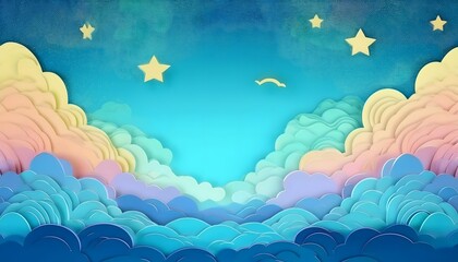 The sky background is filled with pastel fluffy clouds in a paper layer format.