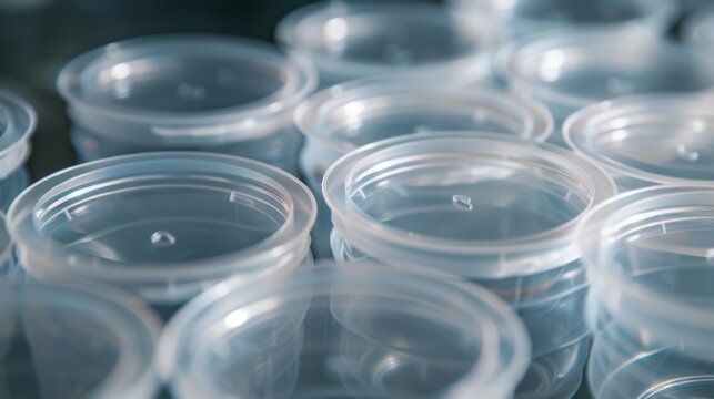 Specimen Cups: Sterile plastic specimen cups for urine and bodily samples, labeled with patient information, designed for efficient diagnostic testing.
