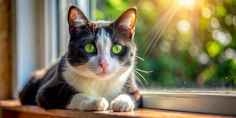 A playful black and white cat with vivid green eyes relaxes lazily on a sunlit windowsill, enjoying the