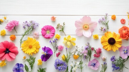 Obraz premium A bright arrangement of spring flowers scattered on a white wooden background, with plenty of copy space for your design