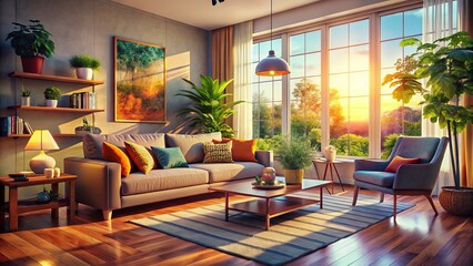 Fototapeta premium A serene Thursday morning bathed in soft light, the modern living room exudes warmth and comfort, inviting relaxation