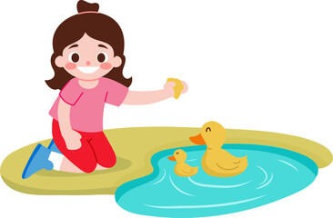 Child feeding ducklings by the pond in cute cartoon illustration