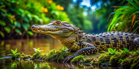 Obraz premium A Speckled Caiman relaxes on a riverbank, nestled among vibrant greenery, capturing the essence of its natural habitat