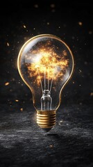 A glowing light bulb illuminating against a dark background, symbolizing innovative and creative ideas with sparks inside.