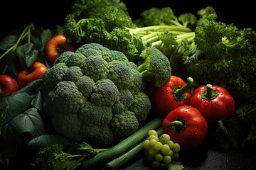 View from top fresh green broccoli with fresh vegetables on the dark table matur, generative IA