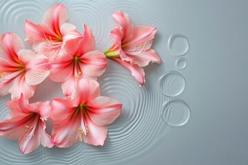 top view pink amaryllis flower on water surface with circles and drop clear water 