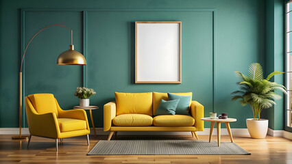 Scandinavian living room with bright yellow armchair and sofa next to teal wall with poster frame , interior design, minimalist