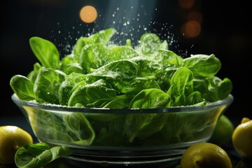 Spinning spinach in white bowl, generative IA