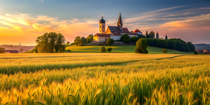 Getreidefeld beim Kloster Andechs im Abendlicht in Oberbayern, Bayern, Deutschland, Europa, Getreidefeld