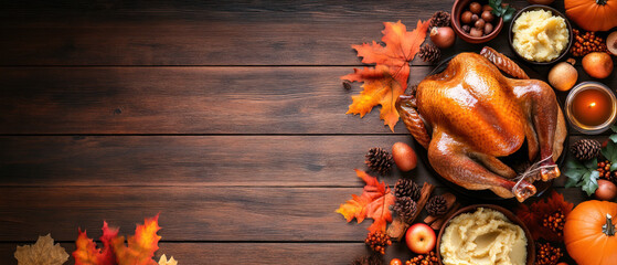 warm Thanksgiving dinner scene featuring roasted turkey, mashed potatoes, and autumn decorations