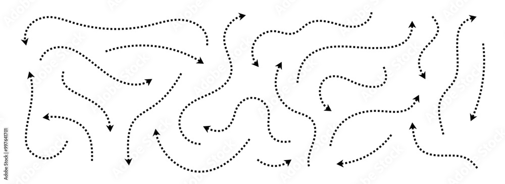 Poster Black dotted thin arrows set. Wavy and curved dashed arrow collection. Wiggly sketchy pointers and direction lines. Dots squiggle stripe design elements bundle for flyer, poster, brochure. Vector