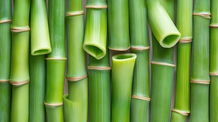 Vibrant close-up of green bamboo stems arranged in a vertical pattern