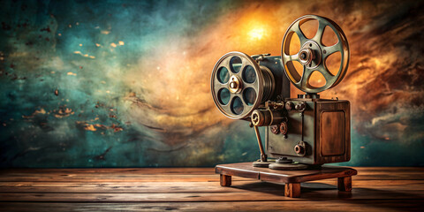 Obraz premium Retro old rusty projector of Cinema on table with vintage background, retro, rusty, projector, cinema, table