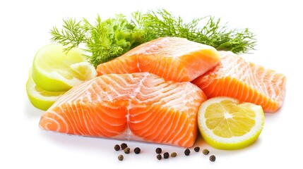 Fresh salmon fillet slices elegantly displayed against a clean white background. These vibrant and visually appealing pieces highlight the rich color and texture of the salmon,