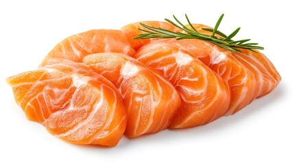 Fresh salmon fillet slices elegantly displayed against a clean white background. These vibrant and visually appealing pieces highlight the rich color and texture of the salmon,