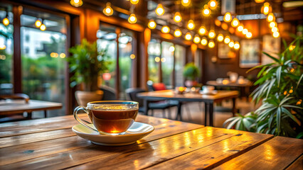 Cozy cafe ambiance with a cup of tea on a wooden table, coffee shop, relaxation, cozy atmosphere, hot drink
