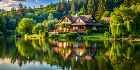 Obraz premium Beautiful house on tranquil lake surrounded by lush greenery, house, lake, water, nature, serene, peaceful