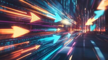 Fototapeta premium A conceptual image of a fast-paced business environment, with flowing arrows and dynamic elements representing agility