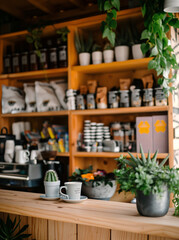 Fototapeta premium trendy indie local cafe, with barstools, bench top interior design, coffee and barista equipment, sophisticated authentic styling, indoor plants, local business, bright and light, minimalism, modern