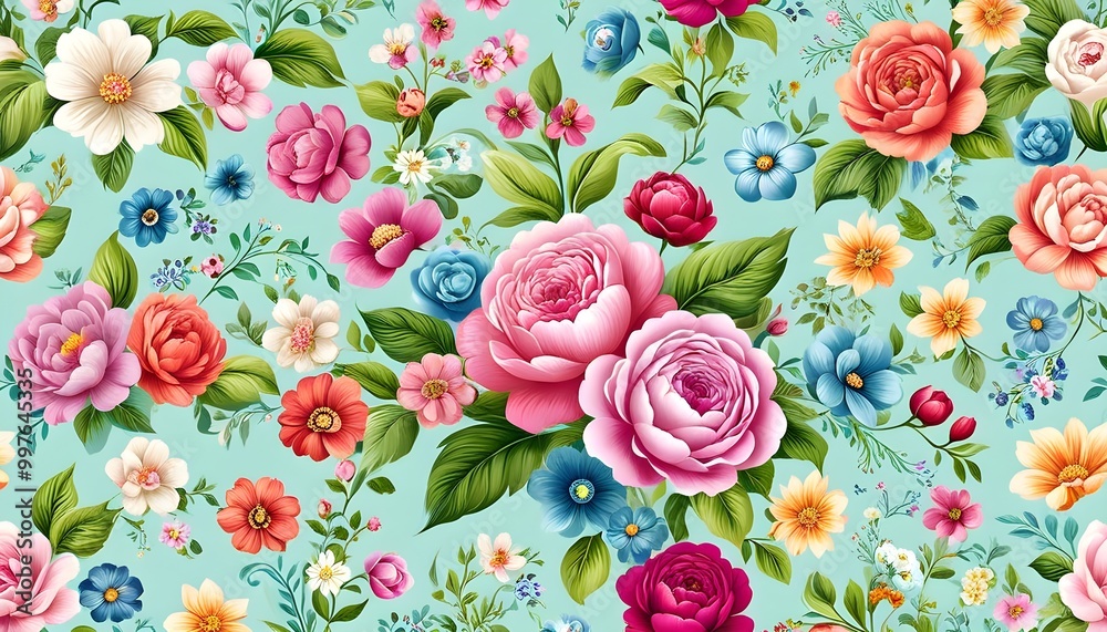 Wall mural vibrant floral background with colorful blooms and lush greenery