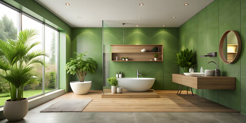 Fototapeta premium Minimalist green bathroom with sleek design and natural elements , green, minimalist, bathroom, sleek, design, natural