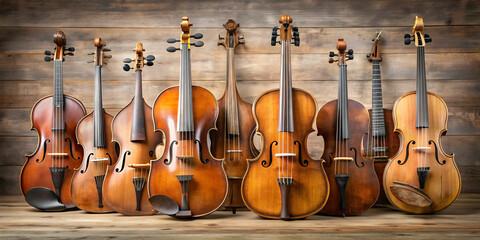 Fototapeta premium Ensemble of vintage string instruments , antique, classical, orchestra, music, violin, cello, double bass, wooden