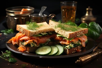 Plan sandwich with cucumber and salmon on the plate with spinach, generative IA