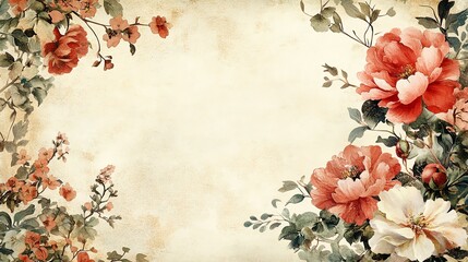 Vintage floral frame with red and white flowers on a textured background.