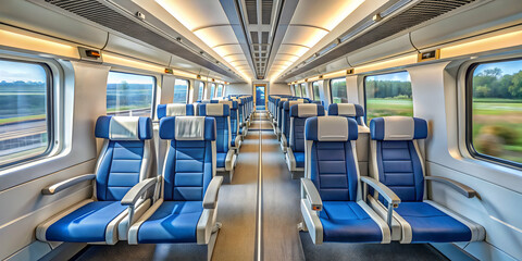 Modern train interior with comfortable seating and advanced technology, high-speed, luxurious, transportation, futuristic