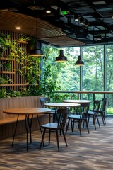 Fototapeta premium A sustainable office design featuring recycled materials, energy-efficient lighting, and biophilic elements, Generative AI 