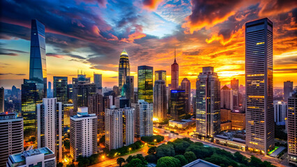 Fototapeta premium Sunset skyline view of modern cityscape with illuminated buildings and vibrant colors, sunset, skyline, modern