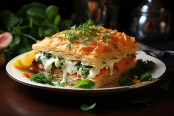 Salmon Pie, Spinach and Soft Cheese in White Wood, generative IA