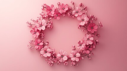 Pink flower wreath on a pink background, perfect for spring and wedding invitations.