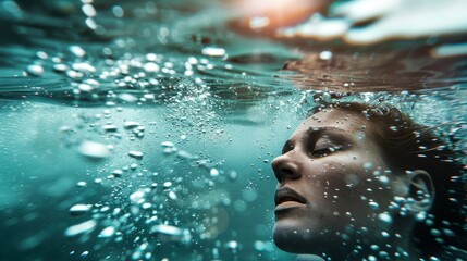 Fototapeta premium Person underwater with eyes closed, holding breath, surrounded by rising bubbles. Crystal clear water, focused on subject.