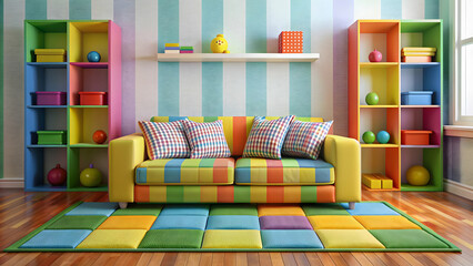 Kid's room with colorful sofa for playtime and relaxation, kids room, sofa, colorful, playtime, relaxation, children, furniture