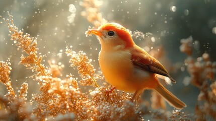 A vibrant bird perched among golden plants in a serene setting.