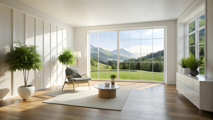 Fototapeta premium White minimalist room with a view of summer landscape, Scandinavian design, empty room, white, summer landscape, window
