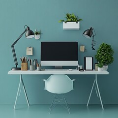 Modern workspace featuring a stylish desk, computer, stationery, and elegant plants on a calming teal wall.