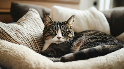 A cozy cat curled up in a plush bed, surrounded by soft pillows, with a peaceful look