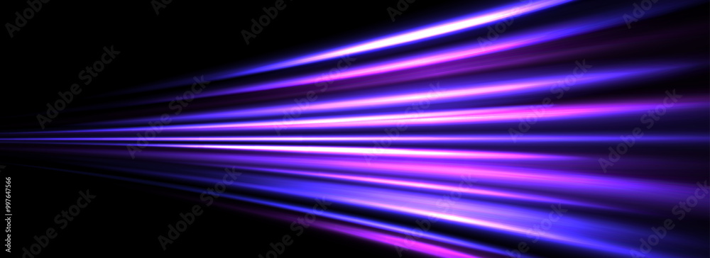 Poster neon glowing streak background. blue purple speed light effect. magic trail flare lines texture. lum
